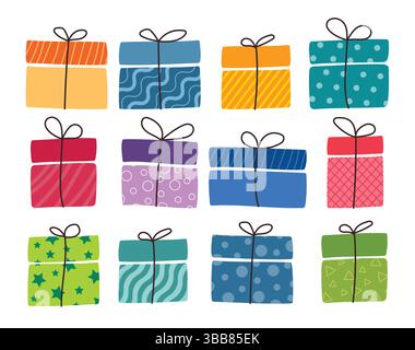 Geschenkboxen mit Clipart-Set in Wasserfarben. Geburtstagsgeschenkkasten Elemente in abstrakter Zeichnung Clip Art Sammlung für Weihnachtsgeschenk Symbol auf weißem Hintergrund Stock Vektor