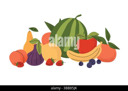 Frisches Obst einschließlich Wassermelone, Apfel, Banane, Zitrone, Feige, Beeren und Zitrusfrüchte. Farbenfrohe, flache Komposition auf weißem Hintergrund. Stock Vektor