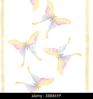 Romantisches, nahtloses Schmetterlingsmuster in Pastellrosa, Gelb und Blau mit vertikalen Streifen. Aquarell-Baby Mädchen fliegende Motte wiederholen Hintergrund Stockfoto