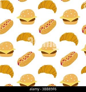Lustiges Muster mit Burgern, Hot Dogs und Croissants auf weißem Hintergrund Stock Vektor
