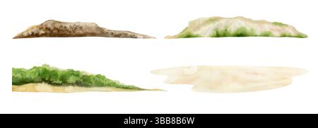 Sommer Ozean Natur Landschaft Elemente, Aquarell isoliert Illustration Set. Tropische Naturlandschaft mit Strandsand, Bergen, Steinen und Stockfoto