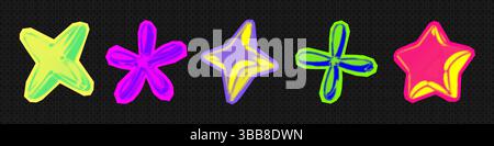 Y2K 3d Punk Neonfarben Hell Chrom Halbtonsterne Form Retro abstrakte Vektor Illustration Sticker Set. Stock Vektor