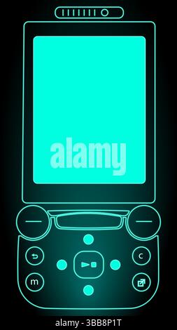 Vektorabbildung. Moderne Kunstwerke. Drehen Sie das in Cyan umrandete Telefon mit scharfen, leuchtenden Tasten um. Symbol der e2k-Ära. Stock Vektor