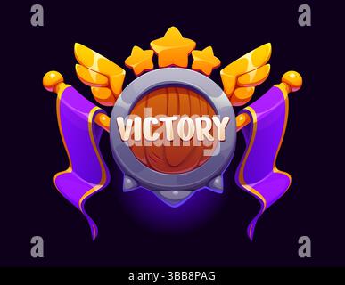 Trickfilmsieger-Symbol. Vektorrunder hölzerner Schild mit goldenen Flügeln und drei Sternen. UI-Abzeichen mit schwenkenden lila Bändern, gui-Element des Belohnungsbildschirms für Spielerfolge oder Level-Abschluss Stock Vektor