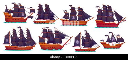 Piratensegel Schiffe und Boote, Vektorspiel UI Assets Set. Cartoon Piratensegelschiffe, alte Holzboote, Vintage-Barken, Schoner und Karavels mit Schädel- und Kreuzknochenfahnen, schwarze Segel Stock Vektor