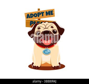 Adoptieren Sie Hund für Haustiere Adoptionszeichen des Mops lustiger niedlicher Welpe mit glücklichem Maul, Vektor. Adoption Me-Abzeichen mit fröhlichem Hündchen mit ausgezogener Zunge für das Adoptionsbanner für Haustiere oder Poster für Tierheime Stock Vektor