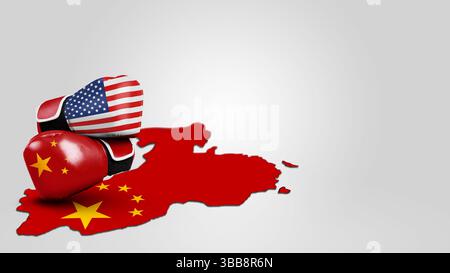 USA oder USA und China Flagge auf zwei Boxhandschuhen gemalt mit China Karte auf weißem Hintergrund. Konzept der Vereinigten Staaten von Amerika ve Stockfoto