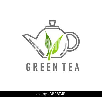 Grüne Kräutertee-Symbol mit Teekanne und grünen Blättern für Produktverpackung, Vektorlinie Symbol. Natürliches Symbol für grünen Tee mit Brautopf und Blatt für chinesischen oder japanischen Tee oder Heißgetränk Stock Vektor