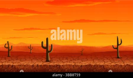 8bit Pixel Kunst Western oder mexikanische Wüstenlandschaft für Spielhintergrund, Cartoon Vektor. Mexikanische Wüstenlandschaft mit Kakteen und trockenem Boden, Western Game oder Wild West Prairie 8 Bit Pixel Hintergrund Stock Vektor