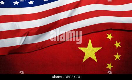 Die Fahnen der USA oder der Vereinigten Staaten von Amerika gegen China. Das Konzept der Vereinigten Staaten von Amerika gegen China Handelsstreitigkeiten oder Wirtschaftskonflikte Stockfoto