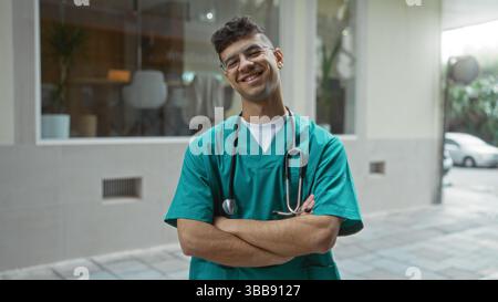 Selbstbewusste junge hispanische Krankenschwester steht mit überkreuzten Armen auf einer städtischen Straße und zeigt sein freundliches Verhalten und seine professionelle Kleidung in einem modernen Stil Stockfoto