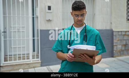 Junger Mann mit medizinischen Peelings und Stethoskop, der Dokumente auf der Straße überprüft, fokussiert und professionell im städtischen Outdoor-Setting. Stockfoto