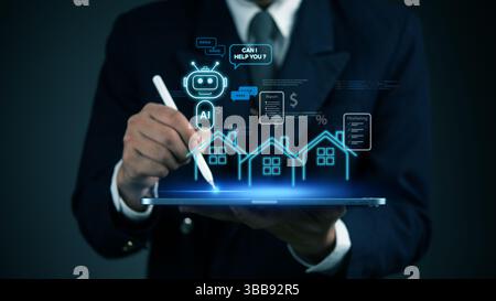 KI-Assistent für Immobilien auf Tablet, Chatbot für intelligentes Immobilienmanagement, Automatisierung, datengesteuertes Marketing und innovative Technologie für Wohnungsbauunternehmen Stockfoto
