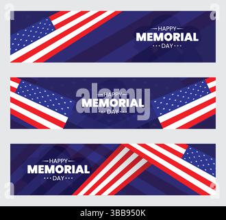 Happy Memorial Day Banner Set, amerikanische Flaggen und Soldaten Silhouetten, patriotisches Tribute Design Stock Vektor