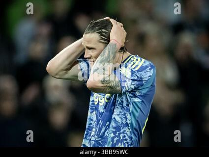 GRONINGEN - Ajax-Spieler Wout Weghorst während des niederländischen Eredivisie-Spiels zwischen dem FC Groningen und Ajax im Euroborg-Stadion am 14. Mai 2025 in Groningen, Niederlande. ANP ROBIN VAN LONKHUIJSEN Stockfoto