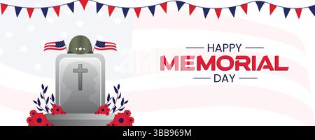 Happy Memorial Day Banner Design, USA Grabe und Flagge Tribute Illustration, Veterans Remembrance with Mohn & Stars Stock Vektor