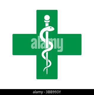 Medizinisches Logo Design, Apotheke Symbol mit Schlange und Kelch Schüssel. Arzt Pharmazie im Gesundheitswesen. Vektorabbildungsbild. Isoliert auf weißem Hintergrund. Stock Vektor