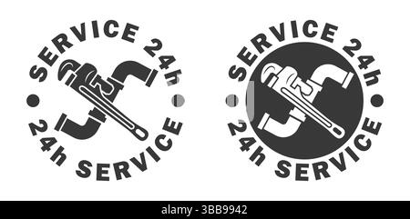 Symbol für Sanitär-Services, Schild für Rohrschlüssel, Logo für Sanitär-Schraubenschlüssel. 24-Stunden-Service. Vektorabbildung. Isoliert auf weißem Hintergrund. Stock Vektor