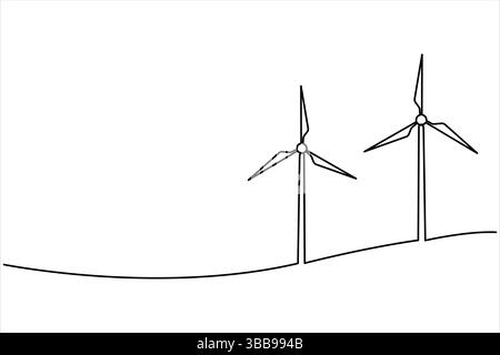 Kontinuierliche Einzeilenzeichnung alternativer Windenergieanlagen. Symbol für Ökologie und Naturschutz eine Linie Vektor-Illustration Stock Vektor