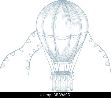 Vektorillustration eines Retro-Heißluftballons mit Girlanden und Gravurlinien. Lineare pastellblaue Zeichnung von Oldtimer-Flugzeugen für Poster im Kinderzimmer oder Grußkarten für Babyduschen. Kunst des Flugzeugs. Stock Vektor