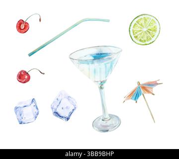 Cocktailset. Glasbecher, Eiswürfel, Limette, Regenschirm, Stroh, Kirsch. Handgezeichnete Aquarellillustration isoliert auf weiß. Für Menügestaltung, Barkarte Stockfoto