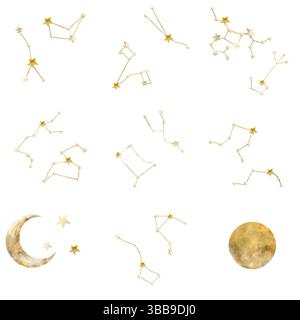 Himmelskörper und Sternkonstellationen. Aquarellabbildung. Der Mond, die Dunkelheit und eine Reihe von Sternbildern sind auf einem weißen Hintergru isoliert Stockfoto