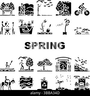 Frühling verbringen Zeit Blüte Picknick Symbole setzen Vektor Stock Vektor