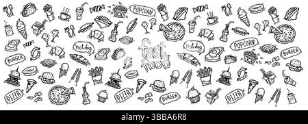 Satz von Vektor-Illustration Kritzelelement bezogen auf Fast Food Menü für Lebensmittelverpackungsdesign. Handgezeichneter Cartoon-Umriss, schwarze, fette Linie auf weiß Stock Vektor