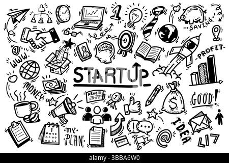 Gruppe von Vektorkritzelementen, die mit der Geschäftsstrategie des Starts verknüpft sind. Handgezeichneter Cartoon-Umriss, schwarze, fette Linie isoliert auf weißem Hintergrund Stock Vektor