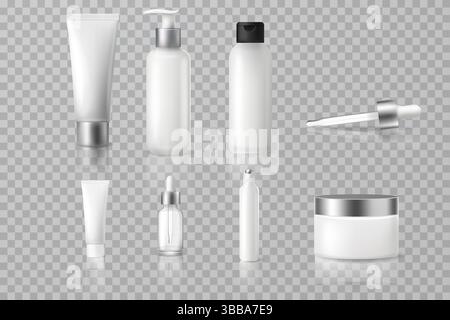 Sammlung realistischer 3D-Kosmetikbehälter, einschließlich Röhrchen, Flaschen, Gläser und Tropfer auf transparentem Hintergrund für Branding-Design. Stock Vektor