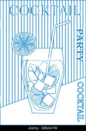 Cocktail mit Früchten in Gläsern. Sommerparty, Cocktailparty, Nachtclub. Satz flacher Poster, Etiketten. Muster handgezeichneter Linien blau und weiß. Stock Vektor