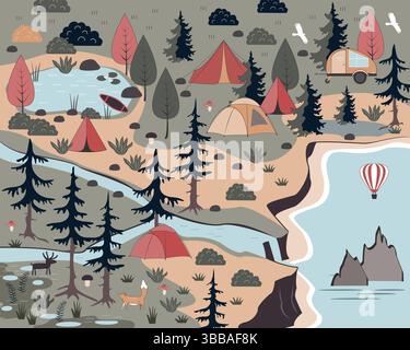 Sommer Wald Camping Abenteuer Matte Hintergrund. Camping Landschaft Vektor-Illustration Stock Vektor