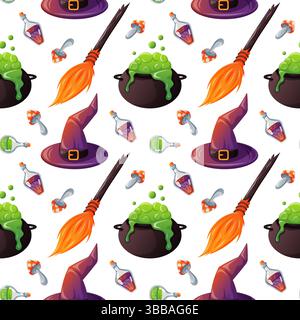 Nahtloses Halloween-Muster mit Hexenhut, Besen, Trank, Fliegenpilz und sprudelndem Kessel auf weißem Hintergrund im Cartoon-Stil. Perfekt für Stock Vektor