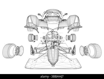 Eine Zeichnung eines Fahrzeugs mit vielen Teilen. Die Zeichnung ist schwarz-weiß Stock Vektor