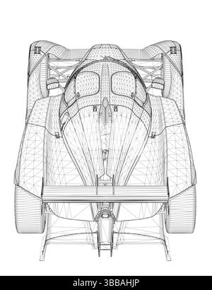 Eine Autozeichnung mit vielen Details und einem Gefühl für Geschwindigkeit. Das Auto ist ein Rennwagen und wird in Schwarz-weiß gezeigt. Rückansicht. 3D Stock Vektor