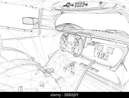 Eine Zeichnung eines Fahrzeuginnenraums mit Lenkrad und Gangschaltung. Die Zeichnung ist in Schwarz-weiß gehalten und hat ein stilisiertes Aussehen Stock Vektor