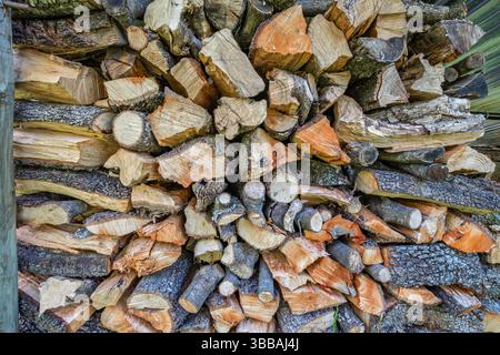 Sauber gestapelte Brennholzkollektion mit kreisförmig geschnittenen Baumkronen mit markanten Baumringen. Frisch geerntetes Holz in rustikalem Pfahl gegen Meta gelagert Stockfoto
