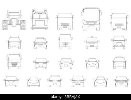 Eine Sammlung von Autozeichnungen in Schwarz-weiß. Die Zeichnungen Autos in Größe und Stil, aber alle haben die gleiche Grundform wie ein Auto. Szene ist eine von c Stock Vektor