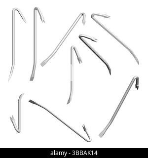 In einem Raster werden verschiedene Arten von Brecheisen angezeigt. Die Brechstange hat verschiedene Größen und Formen und ist alle weiß. Das Konzept des Organi Stock Vektor