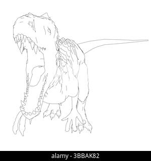 Eine Zeichnung eines Dinosauriers mit offenem Mund. Die Zeichnung ist schwarz-weiß. Der Dinosaurier scheint hungrig und bereit zu sein Stock Vektor