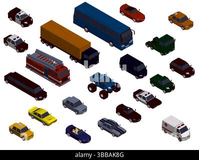Abholung von Autos und LKWs, wobei einige der Fahrzeuge Feuerwehrfahrzeuge und Krankenwagen sind. Die Szene ist eine Darstellung einer belebten Stadtstraße mit va Stock Vektor