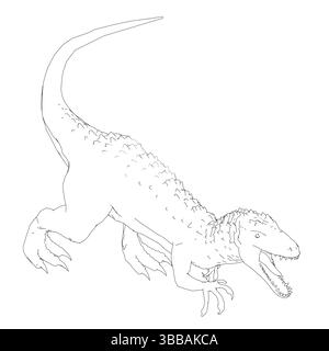 Eine große weiße Zeichnung eines Dinosauriers mit offenem Mund. Der Dinosaurier wird als Raubtier dargestellt, das bereit ist, anzugreifen. Die Zeichnung ist schwarz-weiß, g Stock Vektor