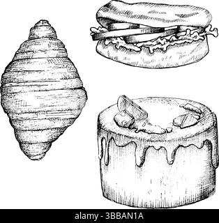 Hamburger, Croissant und Kuchen, Vektorgrafiken, Set, handgezeichnete Skizze. Schwarzweiß-Grafik. Stock Vektor