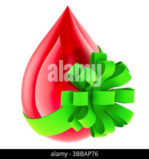 Bluttropfen mit grünem Bogen. Weltblutspendertag, Konzept. 3D-Rendering isoliert auf weißem Hintergrund Stockfoto