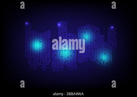 Futuristisches digitales Stadtbild aus leuchtend blauen Quadraten auf dunklem Hintergrund mit Technologie inspirierten Neonlichteffekten Stock Vektor