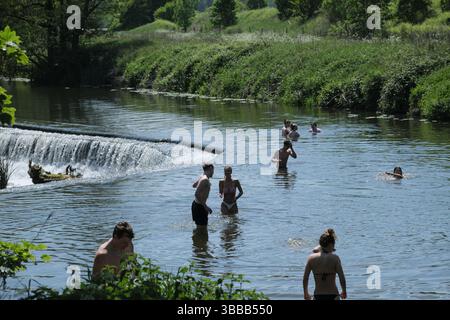 Bath, UK. Mai 2025. Sonniger Tag zum Schwimmen im beliebten Warleigh Weir in der Nähe von Bath. Quelle: JMF News/Alamy Live News Stockfoto