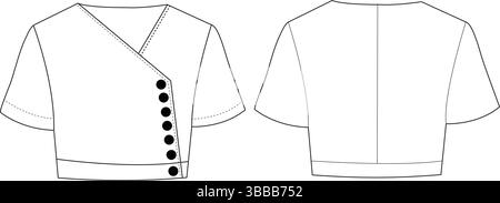Asymmetrisches kurzärmeliges Wickeloberteil mit seitlichem Knopfverschluss | Technische Illustration | flache Kleiderschablone CAD | Vorder- und Rückansicht Stock Vektor