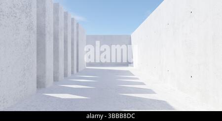 Abstraktes leeres, modernes Betongebäude mit Wandöffnungen, rauem Boden und blauem Himmel - industrielle Hintergrundvorlage, 3D-Illustration Stockfoto