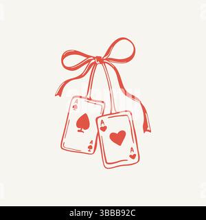 Zwei Spielkarten mit skurriler Schleife. Hand gezeichnete Vektorillustation in Coquette Girly Doodle Stil. ACE von Herz und Pik. Vegas Casino, Poker, bla Stock Vektor