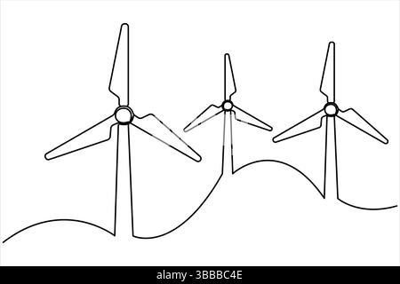 Kontinuierliche Einzeilenzeichnung alternativer Windenergieanlagen. Symbol für Ökologie und Naturschutz eine Linie Vektor-Illustration Stock Vektor